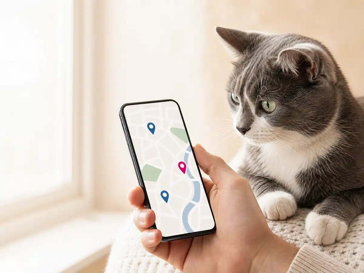 Кот рядом со смартфоном с картой ветеринарных аптек